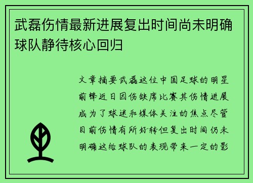 武磊伤情最新进展复出时间尚未明确球队静待核心回归